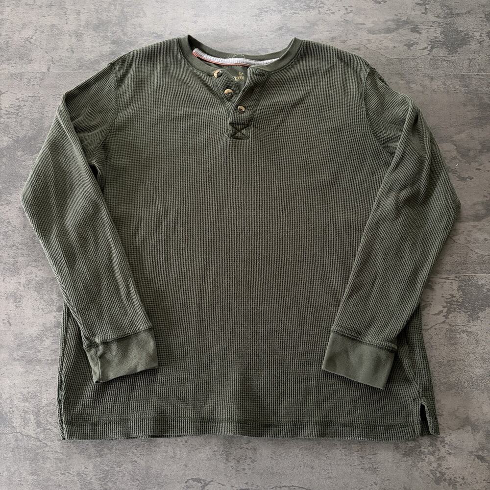 Outdoor Life Mens Field Thermal Henley Shirt L Green Long Sleeve Waffle Knit